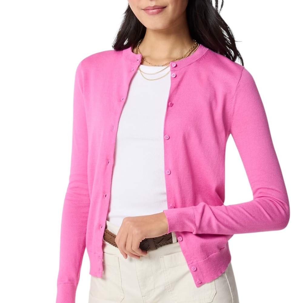 J. CREW NWT Classic Cotton Cardigan Sweater Size Medium in Heather Berry - Picture 2 of 9